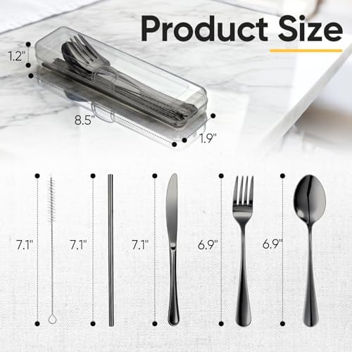 Travel Camping Utensils with Case, 6 Pcs Reusable Stainless Steel Silverware Cutlery Set, Spoon, Fork, Knife + Straw/Brush Kit for Camping, Travel, Office, Lunch Box, Eco On-the-Go (black)
