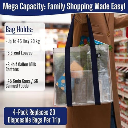 VENO 4 Pack Large Grocery Bag Reusable Shopping Bags with Hard Bottom
