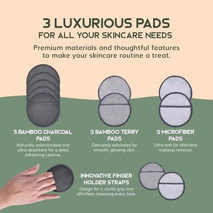 GREENZLA Reusable Makeup Remover Pads | 12 Pack | Bamboo Charcoal