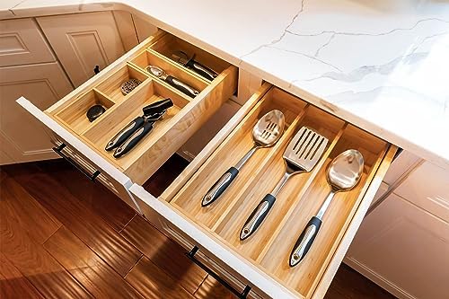 Umilife Bamboo Kitchen Utensils Organizer, 13 Inch Drawer Dividers for Silverware, Extra Deep Holder, with Non-Slip Feet, Wood Caddy for Flatware Cutlery