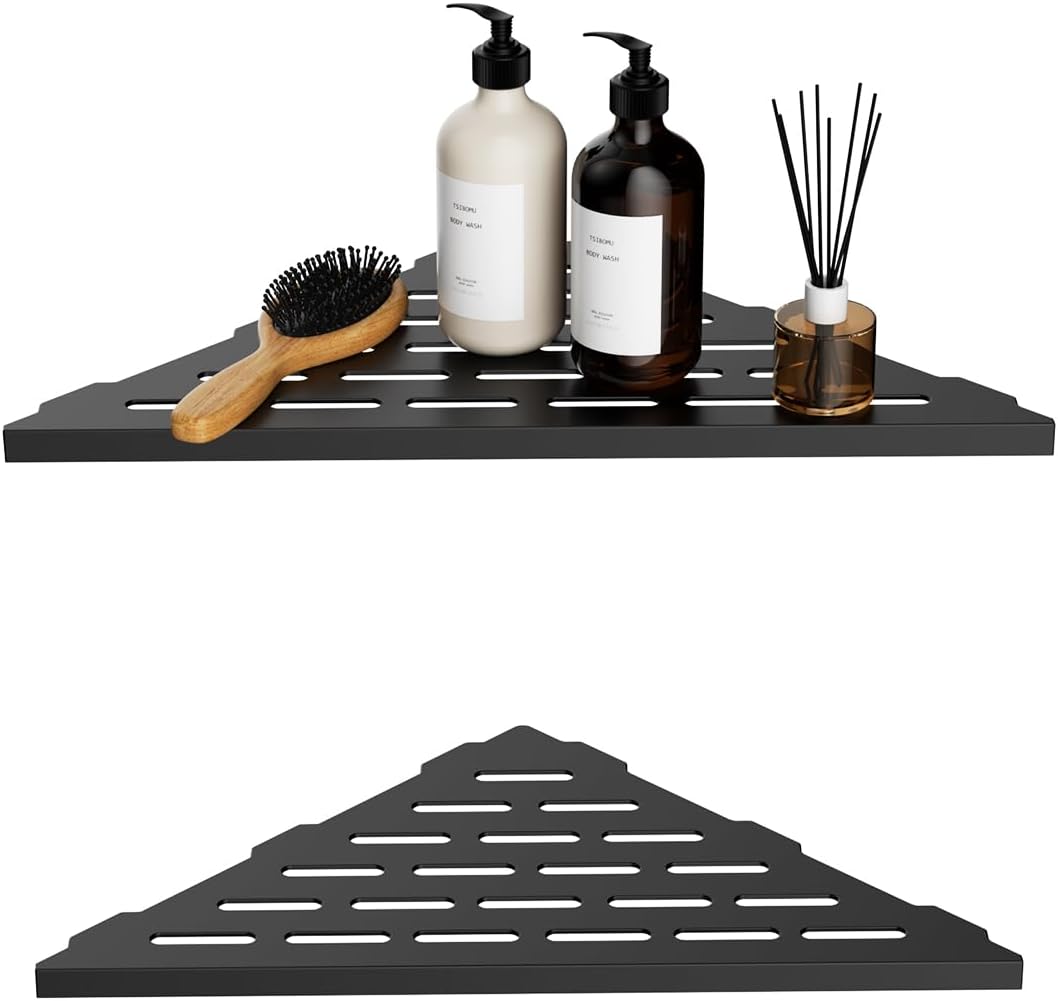 10 Inch No Drilling Corner Shower Shelf Matte Black– 2-Pack Wall Mounted Bathroom Shelves for Inside Shower, Triangular Recessed Shower Caddy, Stainless Steel Shower Organizer for Tiled Walls