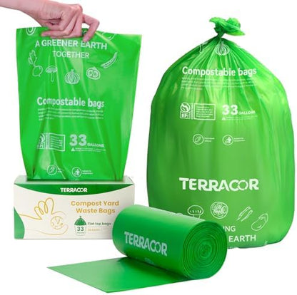 30-33 Gallon Compostable Trash Bags Liners Flat-Top, Heavy Duty Extra Thick 1.28 Mil, 124.92 Liter, 30 Bags, Lawn, Yard, and Restaurant Use, ASTM D6400, US BPI Certified