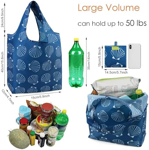 BeeGreen Geometry Reusable Shopping Bags Cute Grocery Bag 6 Pack, Christmas Gift Bags Heavy-Duty Foldable Shopping Totes for Supermarket, Work & Travel, Large Washable Polyester Tote Bag with Handles