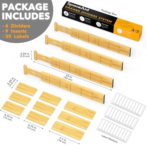 SpaceAid Bamboo Drawer Dividers with Inserts and Labels, Kitchen Adjustable Drawer Organizers, Expandable Organization for Home, Office, Dressers, 4 Dividers with 9 Inserts (17"-22" Natural)