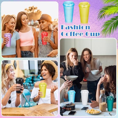 FillTouch 12 Pcs 16 oz Reusable Coffee Cups with Lids, Glitter Rainbow