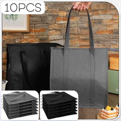 10 Pack 10 Pack Large Insulated Grocery Bag Zippered, Grey,Black