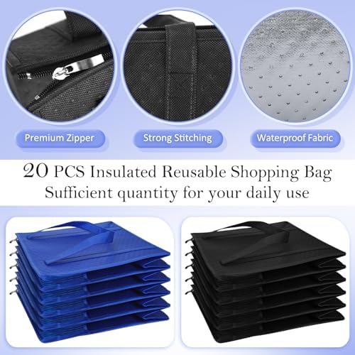 10 Pack 10 Pack Large Insulated Grocery Bag Zippered, Blue and Black