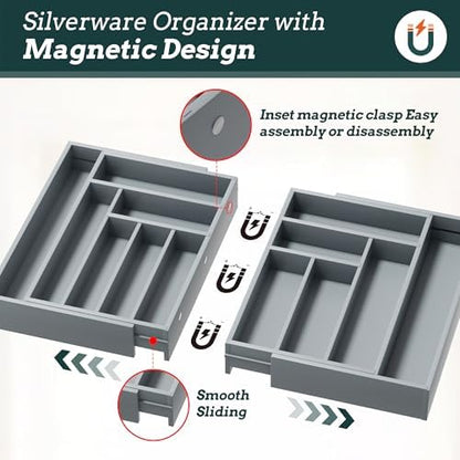 Magnetic Expandable Silverware Drawer Organizer, 13 Slots Utensil Gray