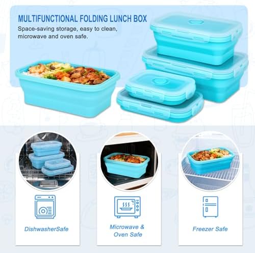 Collapsible Silicone Food Storage Containers 4 Set Airtight Leak Proof Food Containers with Lids Stackable Meal Prep for Microwave Freezer Dishwasher for Kitchen Camping Office Blue