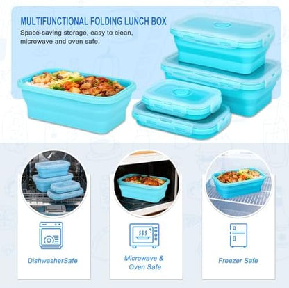 Collapsible Silicone Food Storage Containers 4 Set Airtight Leak Proof Food Containers with Lids Stackable Meal Prep for Microwave Freezer Dishwasher for Kitchen Camping Office Blue