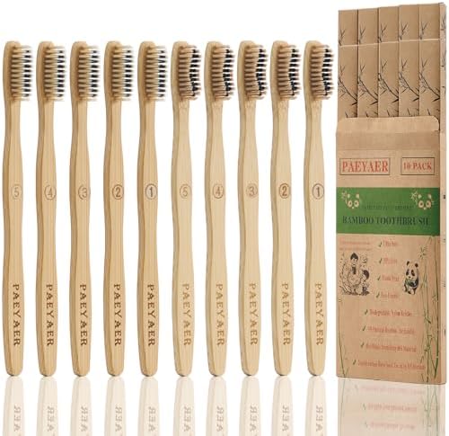 10 Pack Bamboo Toothbrushes,5 Soft 5 Medium Bristles for Adults Eco-Friendly Wooden Handle BPA-Free
