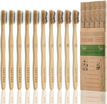 10 Pack Bamboo Toothbrushes,5 Soft 5 Medium Bristles for Adults Eco-Friendly Wooden Handle BPA-Free