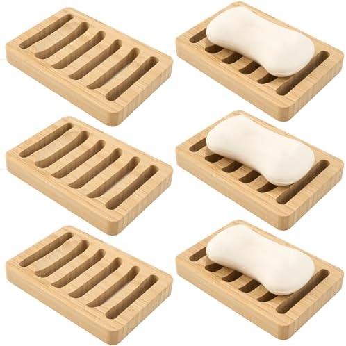 6 Pack Bamboo Soap Dish, Bar Soap Holder Self Draining Soap Dish Natural Bamboo Soap Holder Waterproof Anti-Slip Wooden Soap Dishes for Bar Soap Saver Tray for Shower Bathroom Kitchen Sink Bathtub