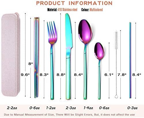 AARAINBOW 7 Pieces Stainless Steel Flatware Set Portable Reusable Cutlery Set Travel Utensils Set Including Chopsticks Knife Fork Spoon Straws Cleaning Brush Dishwasher Safe (Multicolored)