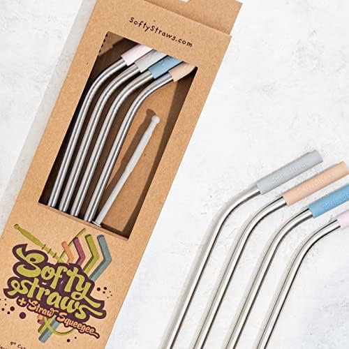 Softy Straws Premium Reusable Stainless Steel Drinking Straws With Silicone Tips + Patented Straw Cleaners and Carrying Case - 9” Long Metal With Curved Bend for 20/30/32oz Tumblers - Natural Colors