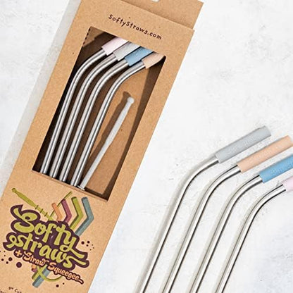 Softy Straws Premium Reusable Stainless Steel Drinking Straws With Silicone Tips + Patented Straw Cleaners and Carrying Case - 9” Long Metal With Curved Bend for 20/30/32oz Tumblers - Natural Colors