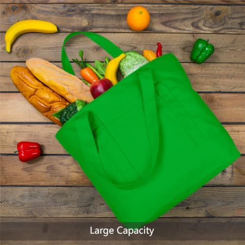 TOPDesign 1-Pack Canvas Tote Bag with an External Pocket, Reusable Grocery Shopping Bag, Top Zipper Closure, Daily Essentials (Lime Green)
