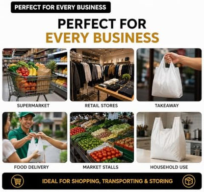 Reusable Heavy Duty White Plastic Shopping Bags with Handles, T-Shirt Grocery Carrier Bags, 12 x 18 x 24 Inch, HDPE Retail, Convenience Store & Takeout Bags, 1000 Pack