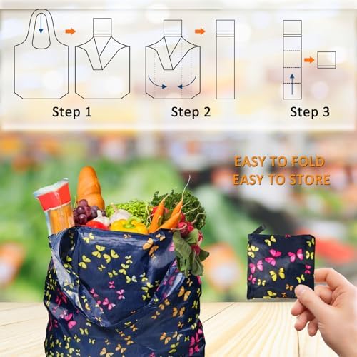 Reusable Grocery Bags,4 Pack 50LBS Foldable Washable Fashion Shopping Bags, Portable Tote Bags Gifts for Women (Butterfly 4 Pack)