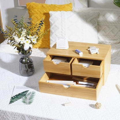Charmewooden Bamboo Desk Organizer with 3 Drawers, Countertop Organizer with Drawers Makeup Storage Drawer 3 Drawers Tabletop Storage Organization Box Home Office Workspace