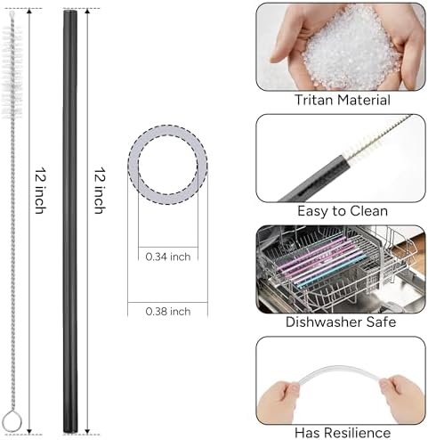 Replacement Straw Compatible with 40 oz Stanley Quencher Tumbler, 12 Inch Extra Long Reusable Plastic Straws for 40 Oz Cup, Black-6 Pack