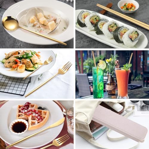 AARAINBOW 8 Pieces Stainless Steel Flatware Set Portable Reusable Cutlery Set Travel Utensils Set Including Chopsticks Knife Fork Spoon Straws Cleaning Brush Dishwasher Safe (Golden)