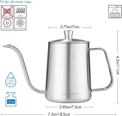 Easyworkz Gage Gooseneck Pour Over Coffee Kettle 12 oz Stainless Steel Hand Drip Long Narrow Spout, Silver