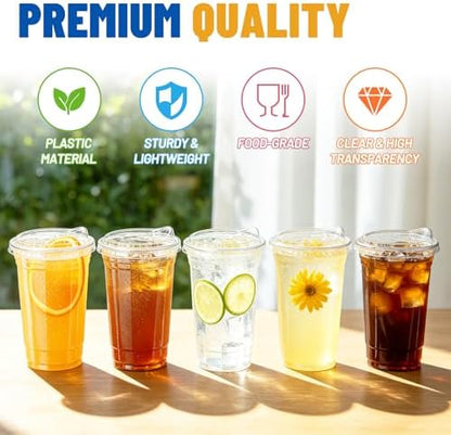 Qinsihwn 24 oz Clear Plastic Cups with Lid,25 Pack Disposable Iced Coffee Cups with Strawless Sip Lids,To Go Cups for Juices,Smoothies,Cold Drinks for Party,Event