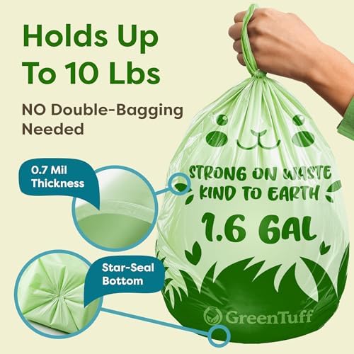 1.6 Gallon Compostable Trash Bags for Bathroom (50 Count) — Small Food Scrap & Bathroom Bin Liners — Thick 0.7 Mil Leak-Resistant Plant-Based Bags — ASTM D6400 BPI Certified