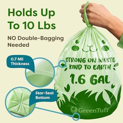 1.6 Gallon Compostable Trash Bags for Bathroom (50 Count) — Small Food Scrap & Bathroom Bin Liners — Thick 0.7 Mil Leak-Resistant Plant-Based Bags — ASTM D6400 BPI Certified