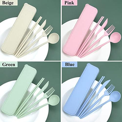 DISSKNIC 4 Sets Travel Utensils with Case, Cutlery Set Chopsticks Fork Spoon Knife with Case, Reusable Plastic Utensils Sets for Lunch Box Accessories,Portable Lunch Box Utensils Set for Daily Use
