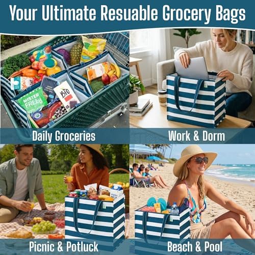 VENO 4 Pack Large Grocery Bag Reusable Shopping Bags with Hard Bottom
