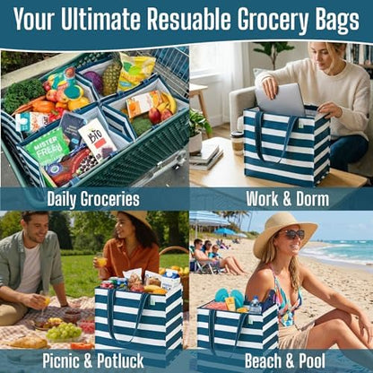 VENO 4 Pack Large Grocery Bag Reusable Shopping Bags with Hard Bottom