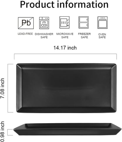 KOOV Ceramic Serving Tray, 14 Inches Large Serving Platter, Rectangular Serving Tray, Porcelain Serving Plates, Ceramic Serving Dishes for Dinner, Party, Sushi, Dessert, Food, Set of 4 (Matte Black)