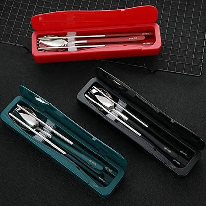 DEVICO Travel Utensils with Case, 4Pcs Portable Silverware Set for Work, 18/8 Stainless Steel Reusable Cutlery, Korean Spoon and Chopsticks Fork for Camping, School, Lunch Box Accessories (Black)
