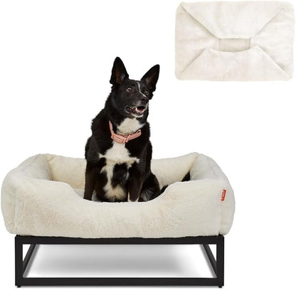 FUZI Elevated Dog Bed Medium with Extra Cover, Luxury Raised Dog Beds, Removable and Machine Washable Bed Cover, Indoor/Outdoor Orthopedic Pet Bed, Medium 31.75x23.6x18 Soft White and Black Base