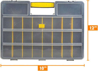 SE Adjustable 26-Compartment Plastic Storage Box - 18x12x3 Inch Organizer with Triple Lock, Translucent Lid, and Sturdy Handle - Ideal for Tools, Crafts, and Small Parts