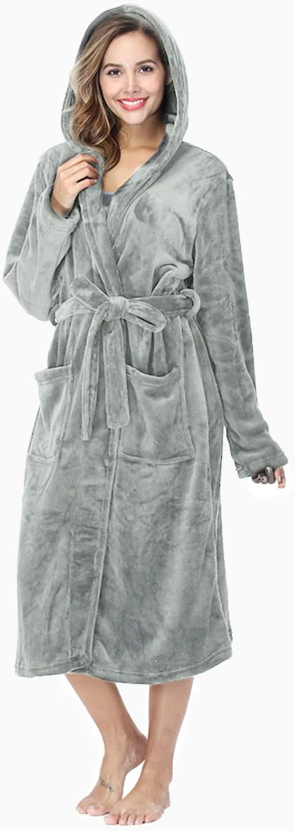 RONGTAI Womens Robes Plush Fleece Hooded Bathrobe Thick Nightgown with Pockets Fluffy Sleepwear