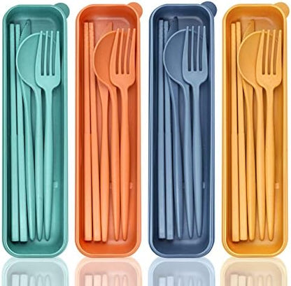 DISSKNIC Reusable Travel Utensils with Case, 4 Sets Wheat Straw Portable Cutlery Set Chopsticks Knives Fork and Spoon for Lunch Box Accessories, Camping Flatware Sets for Daily Use or Outdoor