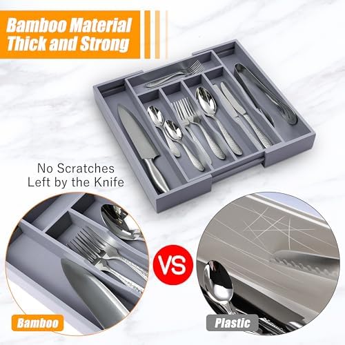 Kitchen Silverware Drawer Organizer and Storage Bamboo Wood Cooking Utensil Holder Cutlery Knife Jewelry Spice Rack Spoon Fork Multi Cabinet Organization Bathroom Counter Expandable Adjustable Tray