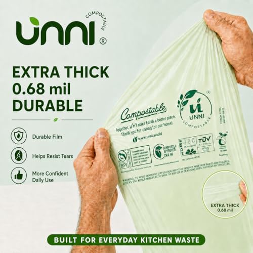 UNNI 2.6 Gallon Compostable Bags with Easy-Tie Handles, 10 Liter, 50 Count