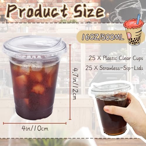 Qinsihwn 16 Oz Plastic Clear Cups with Strawless-Sip-Lids,25 Sets Plastic Cups with Sip Through Lids,Disposable Iced Coffee Cups for Milkshake,Smoothie,Cold Drinks