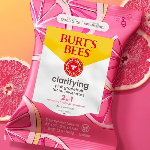 Burt's Bees Pink Grapefruit Face Wipes, for All Skin Types, Hydrating Makeup Remover & Facial Cleansing Towelettes, 90 Count (Pack of 6)