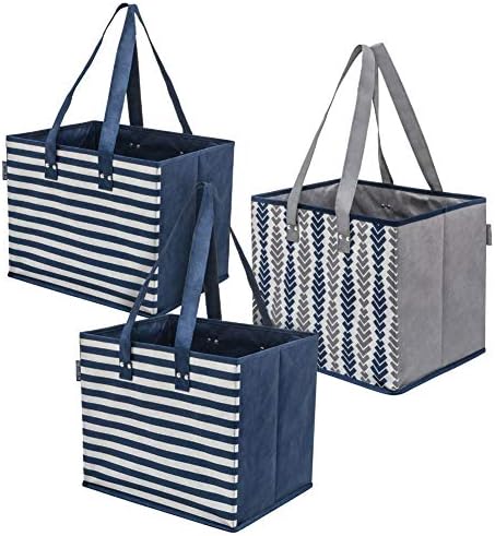 PLANET E Reusable Grocery Shopping Bags with Reinforced Bottoms: Colourful Collapsible Multipurpose Heavy Duty Daily Utility Bag (Pack of 3)