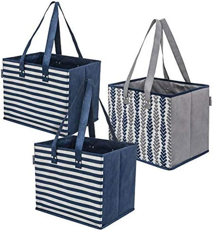 PLANET E Reusable Grocery Shopping Bags with Reinforced Bottoms: Colourful Collapsible Multipurpose Heavy Duty Daily Utility Bag (Pack of 3)