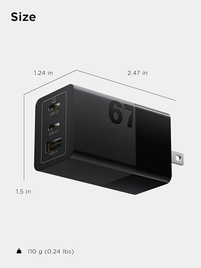 Lenovo 67W USB-C Charger, 3-Port Multi-Device Fast Charging, Advanced GaN