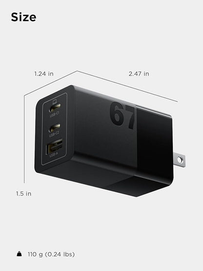 Lenovo 67W USB-C Charger, 3-Port Multi-Device Fast Charging, Advanced GaN