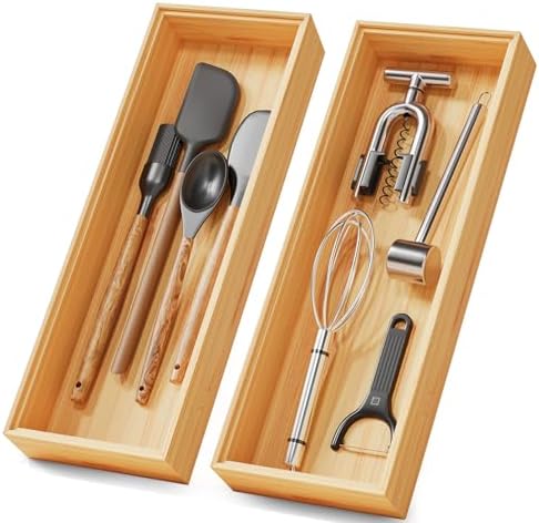 Bamboo Kitchen Drawer Organizer Boxes 14" x 5" Stackable Pantry Organizers