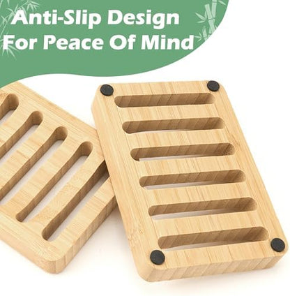 6 Pack Bamboo Soap Dish, Bar Soap Holder Self Draining Soap Dish Natural Bamboo Soap Holder Waterproof Anti-Slip Wooden Soap Dishes for Bar Soap Saver Tray for Shower Bathroom Kitchen Sink Bathtub