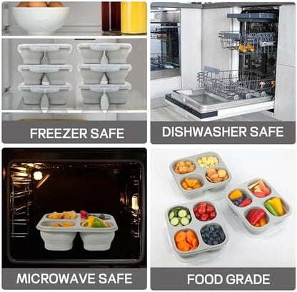 Collapsible Silicone Food Storage Container, 4-Compartment Snack Containers Portion Control with Clip-on Lid, Stackable, Space Saving, Microwave/Fridge/Freezer/Dishwasher Safe (3)